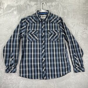 Mountain Khakis Shirt men's Large Pearl Snap Button Up Flap Pockets Blue Plaid